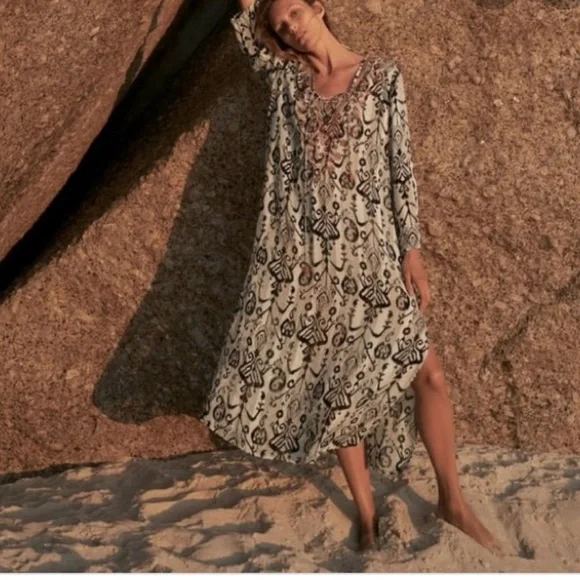 Zara Embroidered Ikat Print Midi Caftan Dress Small NWT